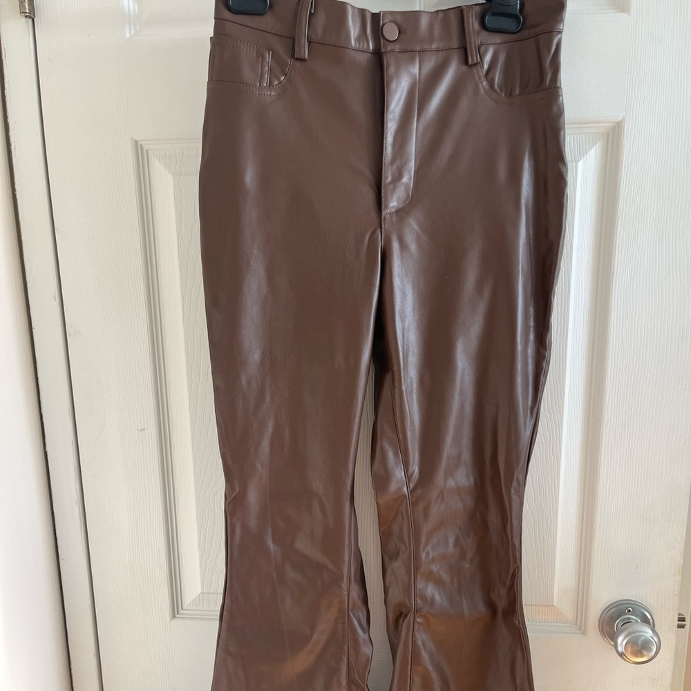 Blue notes denim, brown flare leather pants, size medium